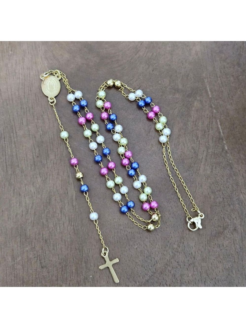 Virgin Of Guadalupe Colorful Faux Pearl Steel Lightweight  Rosary Necklace